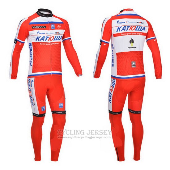 2013 Cycling Jersey Katusha White and Red Long Sleeve and Bib Tight